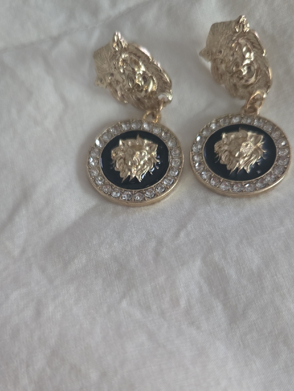 Almost Famous Gold Lion Medallion Drop Earrings with Black and Clear Accents